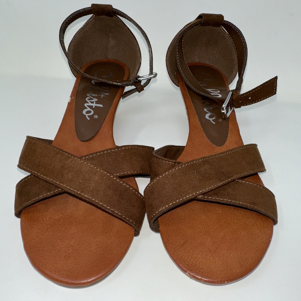 Callisto‎ of California CL30612 Brown Suede Wedge Sandals Ankle Strap Womens 6